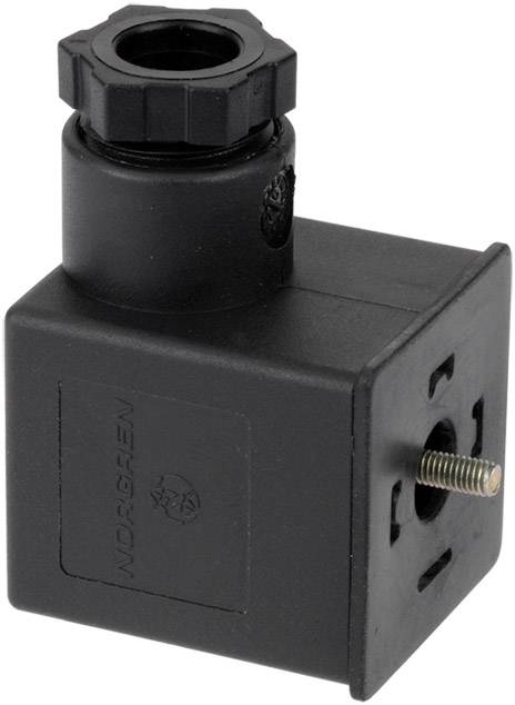 Sort elektrisk stik med skruesamling og firkantet form, muligvis til industrielle anvendelser.