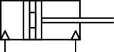 Teknisk tegning af en cylinder med stempelstang. Viser hus, stempel og stang set fra siden. Klart definerede linjer og pile.