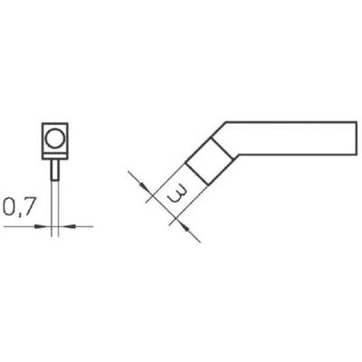 Teknisk tegning af en ret vinkel mærket 0,7 og 3. Viser dimensioner og geometri for en specifik komponent.