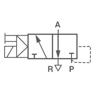 Diagram over et hydraulisk vej-ventil med tre positioner. Det viser flowretningen fra 'A' til 'R' og blokerer vejen til 'P'.