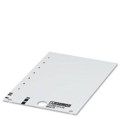 Et hvidt mærkningsfelt med mærkede linjer fra 1 til 9 og et hul i nederste venstre hjørne. Indeholder et logo og tal.
