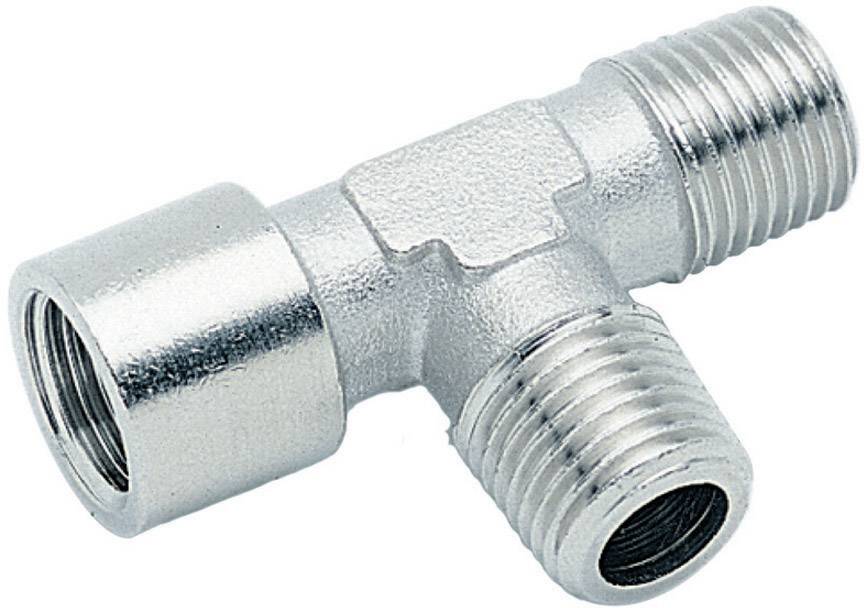Et metalstykke med tre gevindåbninger, egnet til rør eller slanger i VVS- eller sanitetsinstallationer.