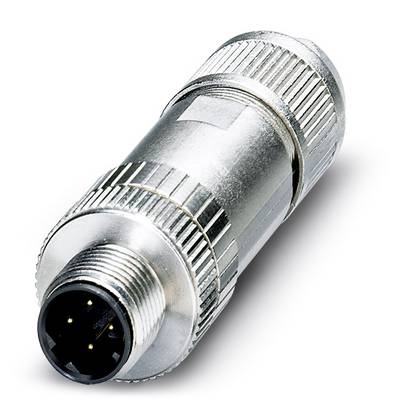 Sølvfarvet, metallisk cylindersensor med sort, rund stik i enden med flere ben, egnet til industrielle anvendelser.