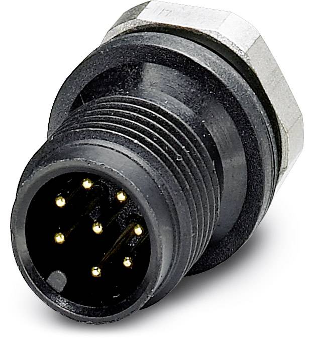 En sort, rund, elektrisk stik med seks guldfarvet ben på forsiden, omgivet af en sølvfarvet ring.