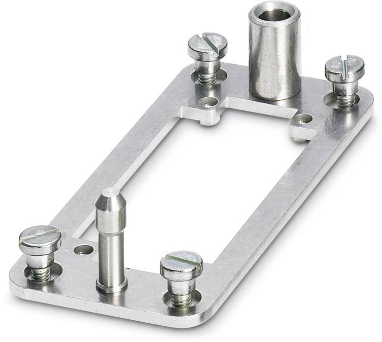 Metalplade med skruer og en cylindrisk topstykke, sandsynligvis en del af en teknisk anordning eller beslag.