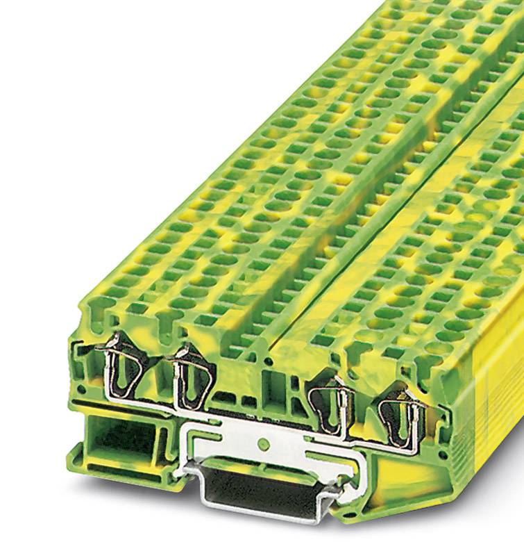Grøn-gul, modulær elektrisk klemmeblok til industrielle anvendelser, med flere tilslutningspunkter og robust design.