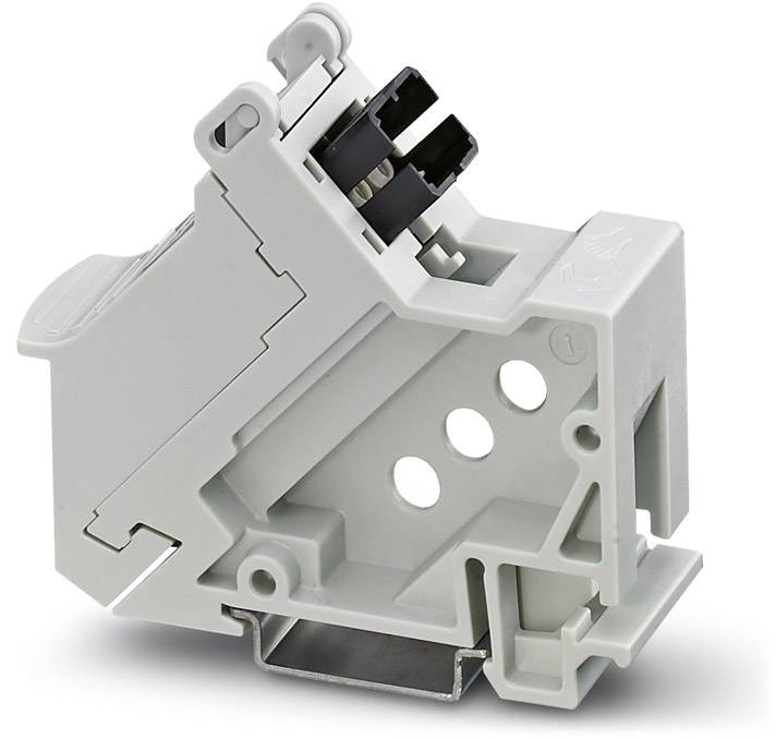 En grå elektrisk stikadapter med flere huller, egnet til montering på en DIN-skinne, set fra siden.