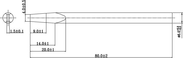 Teknisk tegning af en blyant med mål: Samlet længde 90, spidsdiameter 4, skaftdiameter 3, længdemål for segmenter.