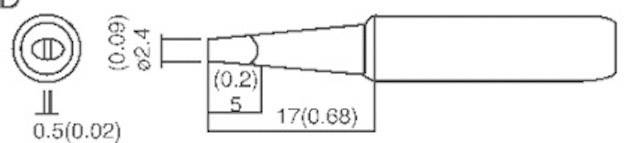 Teknisk tegning af en skruefastgørelse. Specifikationer: Længde 17 mm, diameter 5 mm, afstand 0,2 mm, boring 0,5 mm.