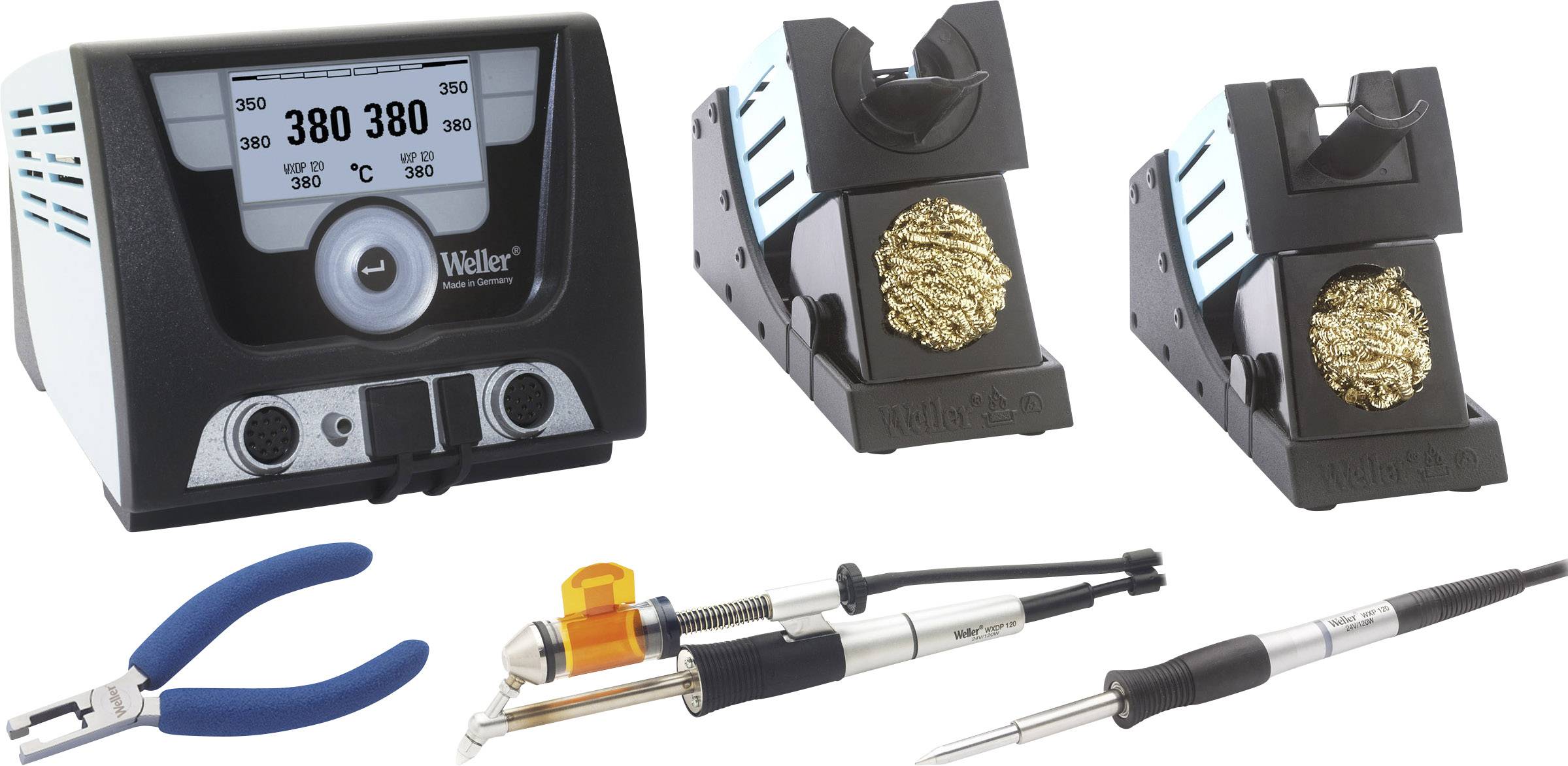 Loddestation med temperaturvisning og to holder, metalholdige rensekugler; tænger, loddetipper og tilbehør i forgrunden.