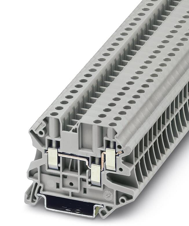 Grå rækkeklemme med flere tilslutningsmuligheder, set fra siden. Egnet til industrielle elektriske anvendelser.