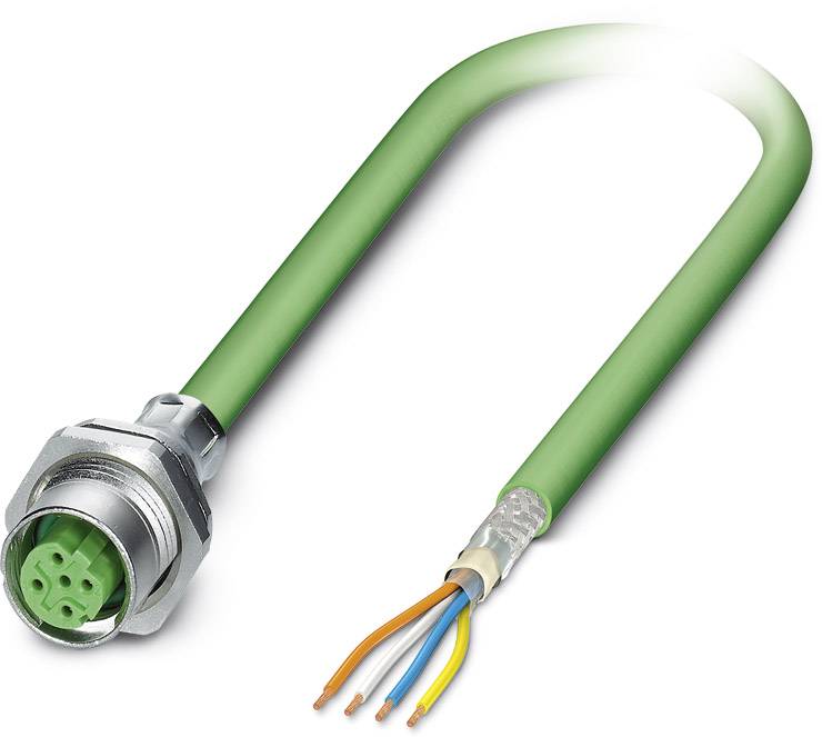 Grøn, afisoleret kabel med stikforbindelse; egnet til industrielle anvendelser; viser indvendige ledninger og stik.