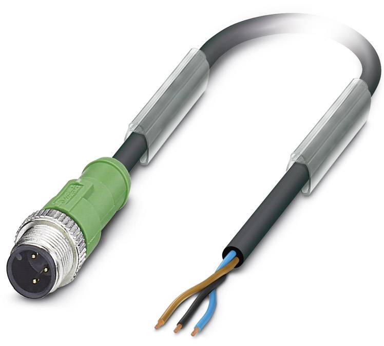 Et grøn-sort kabel med et stik og tre blottede ledningsender: brun, blå og sort, i plastkappe.