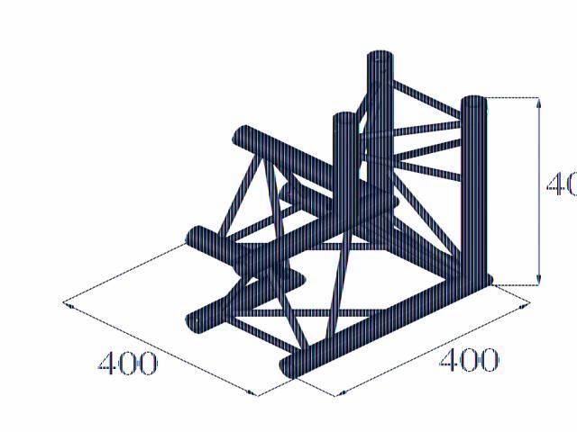 Isometrisk tegning af en kompleks stålstruktur med dimensioner på 400x400x400 millimeter.