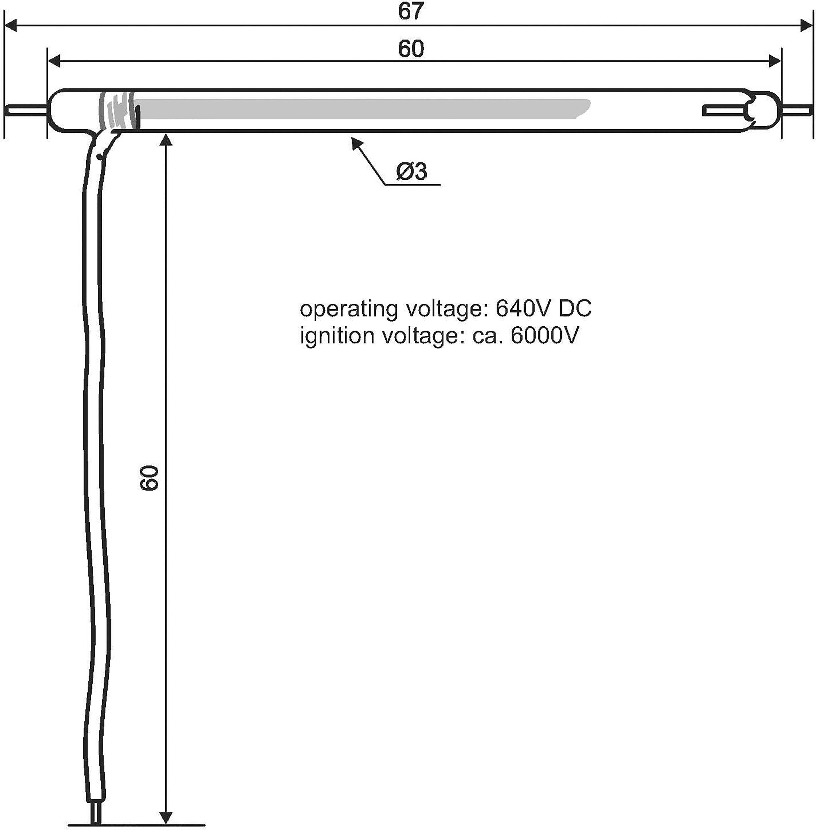Sort-hvid tegning af en lysstofrør med kabel. Mål: Længde 67 mm, bredde 60 mm, diameter 3 mm. Driftsspænding: 640V DC, tændspænding: ca. 6000V.