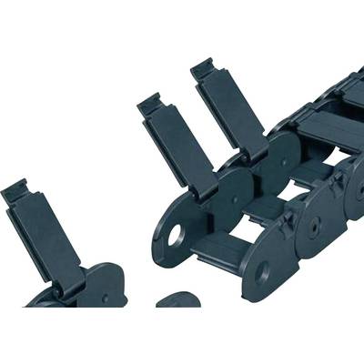 Sort energikæde lavet af plast, delvist åben, viser kædeled og åbningsmekanism til kabbelbeskyttelsesapplikationer.