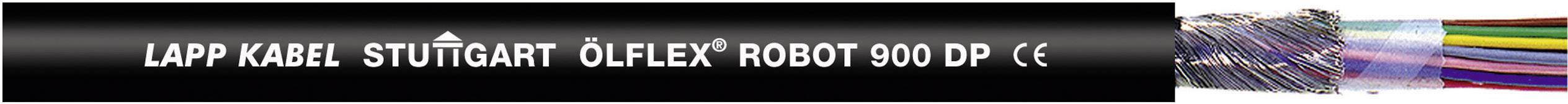 Et sort kabel med påskriften 'LAPP KABEL STUTTGART ÖLFLEX ROBOT 900 DP' og CE-mærkning, viser farvede ledere ved interfacet.