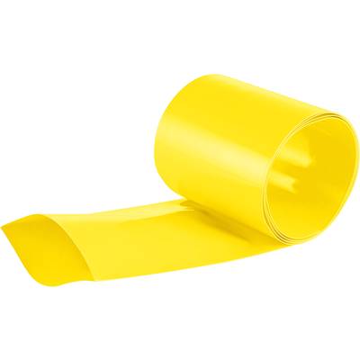 En stor, oprullet, lysende gul plastfolie. Den er glat og reflekterer lys på sin overflade.