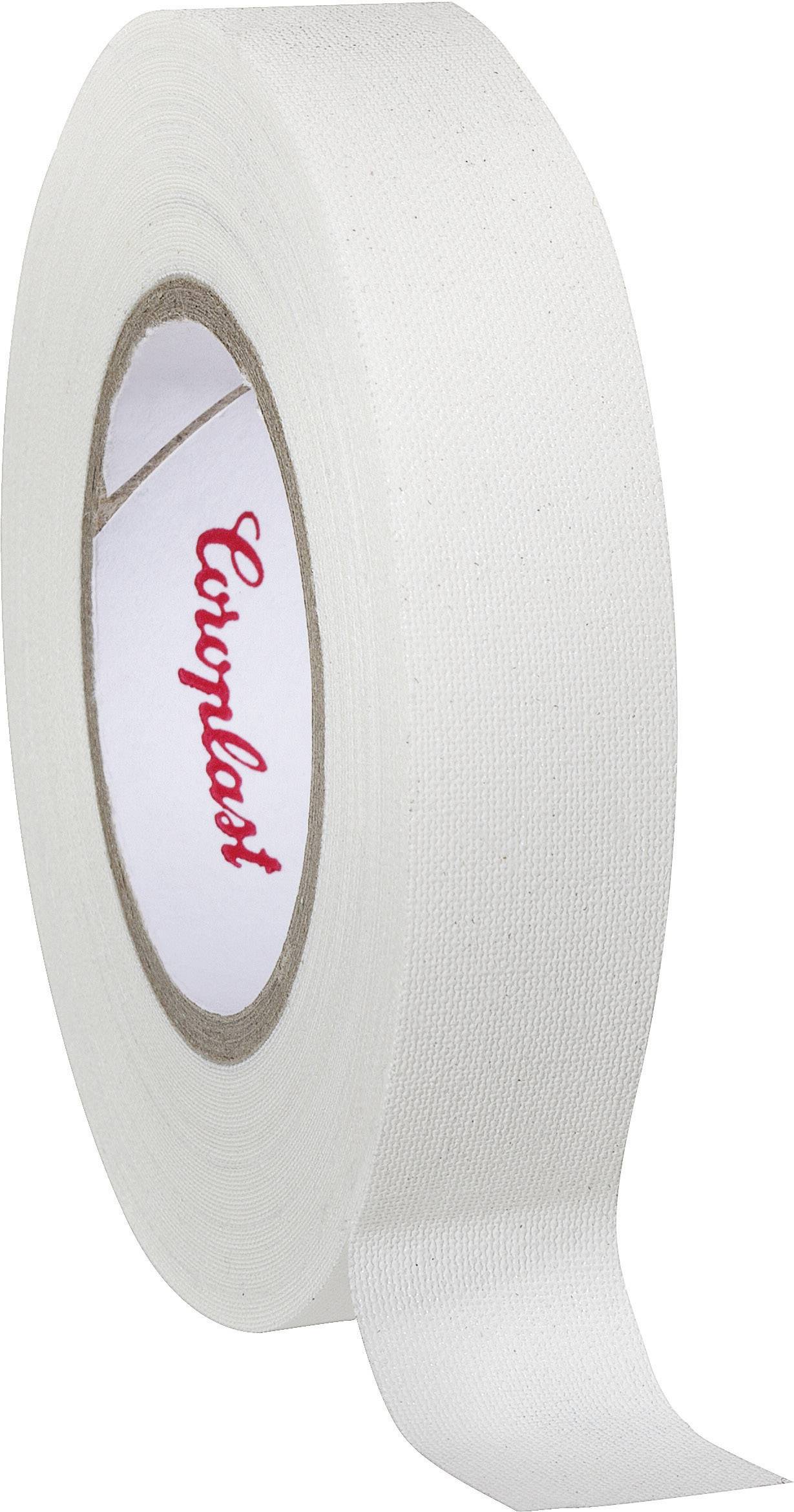 En rulle hvid tape med påskriften 'Coroplast' på den indre ring, let oprullet, viser materialets struktur.