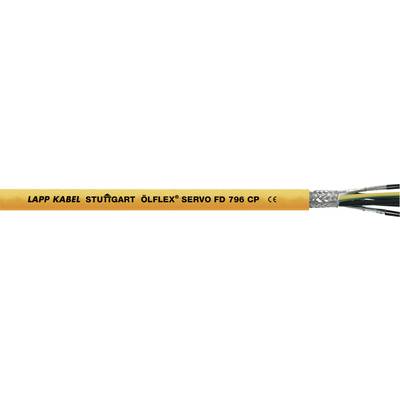 Gult elkabel med påskriften 'LAPP KABEL STUTTGART ÖLFLEX SERVO FD 768 CP CE'; viser kabelkonstruktion med afskærmning og indvendige ledere.