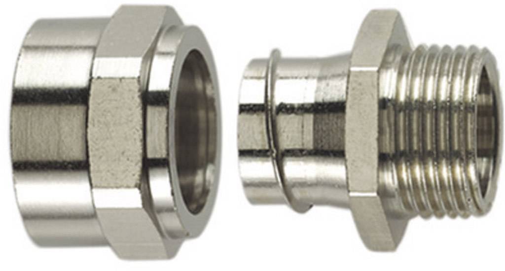 To forkromede rørfittings, en han- og en hunkobling, viser forbindelsesmulighederne for metalrør i sanitetsinstallationer.