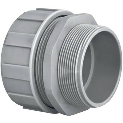 Grå, cylinderformet forbindelseselement af plast, bestående af to sammengribende dele med gevind til fastgørelse.