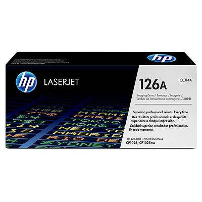 En sort HP LaserJet 126A tonerpatronpakning med farvet tekst. Egnet til modellerne CP1025 og CP1025nw.