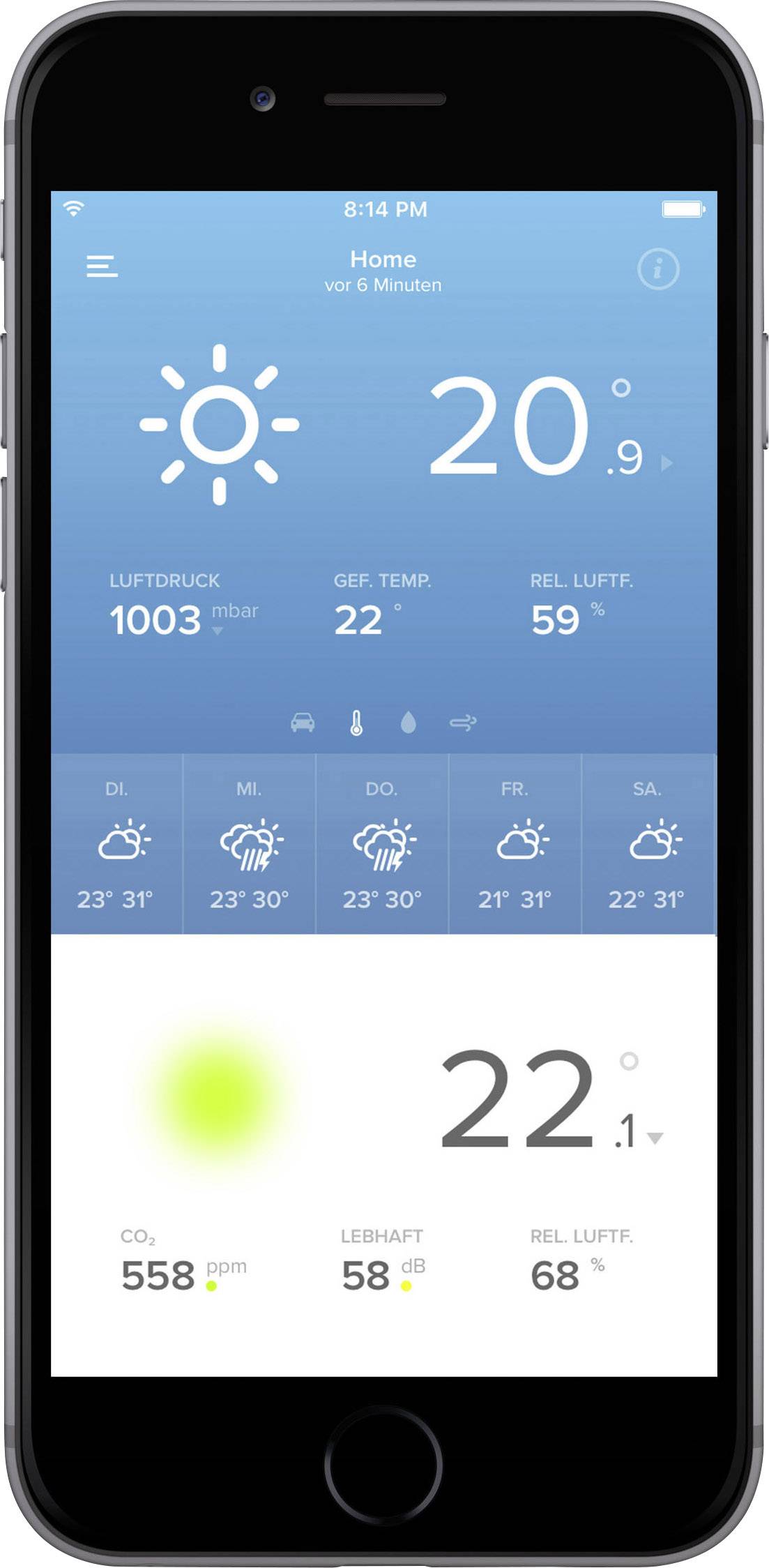 En vejr-app på en smartphone viser: 20 grader celsius, solrigt. Yderligere detaljer: Lufttryk 1003 mbar, følelsestemperatur 22, fugtighed 59%.