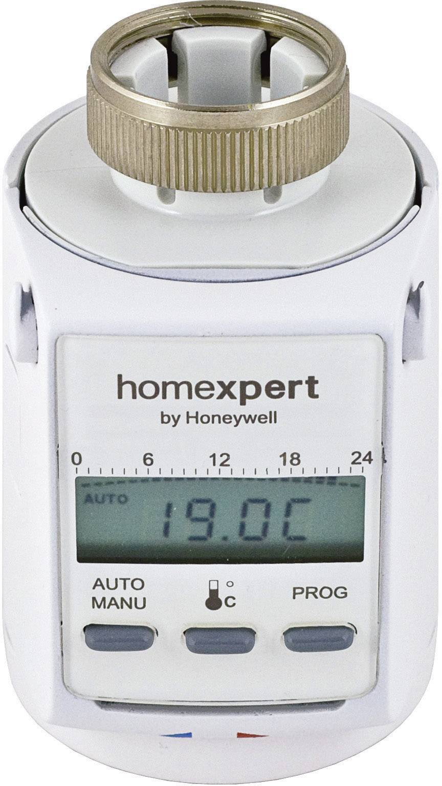 Elektronisk radiatortermostat med digitalt display, viser '19.0°C'. Drejelig knap øverst, taster til AUTO/MANU og PROG.