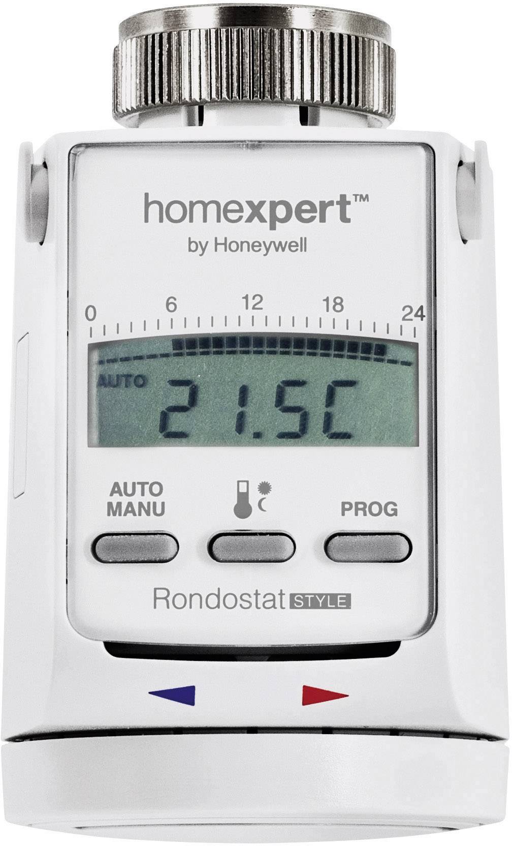 Digitalt radiatortermostat med display viser '21,5°C'. Mærkninger: 'AUTO', 'MANU', 'PROG'. Drejeknap øverst, piletaster nederst.