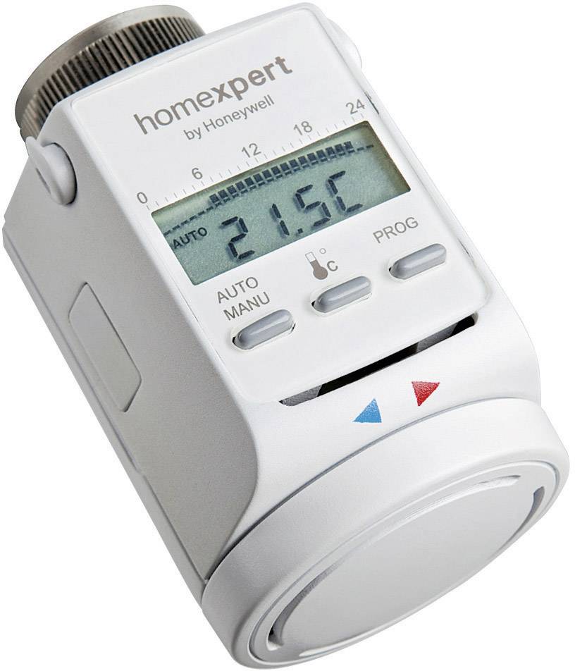 Elektronisk termostatventil med LCD-display viser '21,5°C'. Øverst: Mærke 'Homexpert by Honeywell'. Betjeningsknapper forneden.