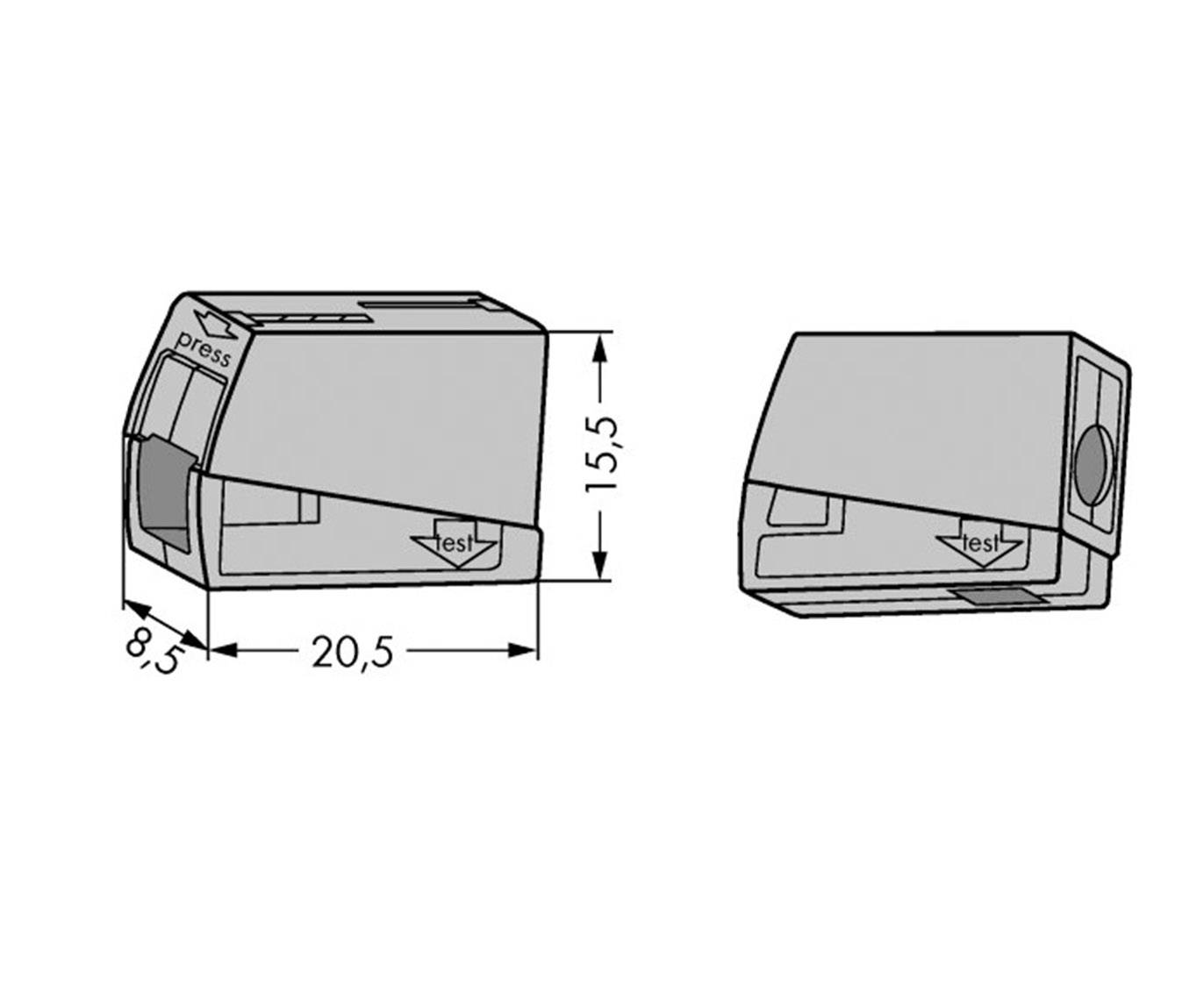 Grå printer med målene 20,5 cm bred, 15,5 cm høj og 8,5 cm dyb. Printeren har en knap med påskriften 'press'.