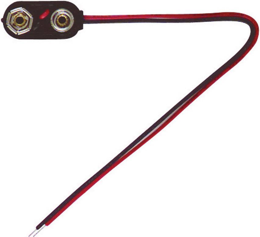 Et rødt og sort kabel med et batteriklip-stik, typisk brugt til 9-volt-batterier.