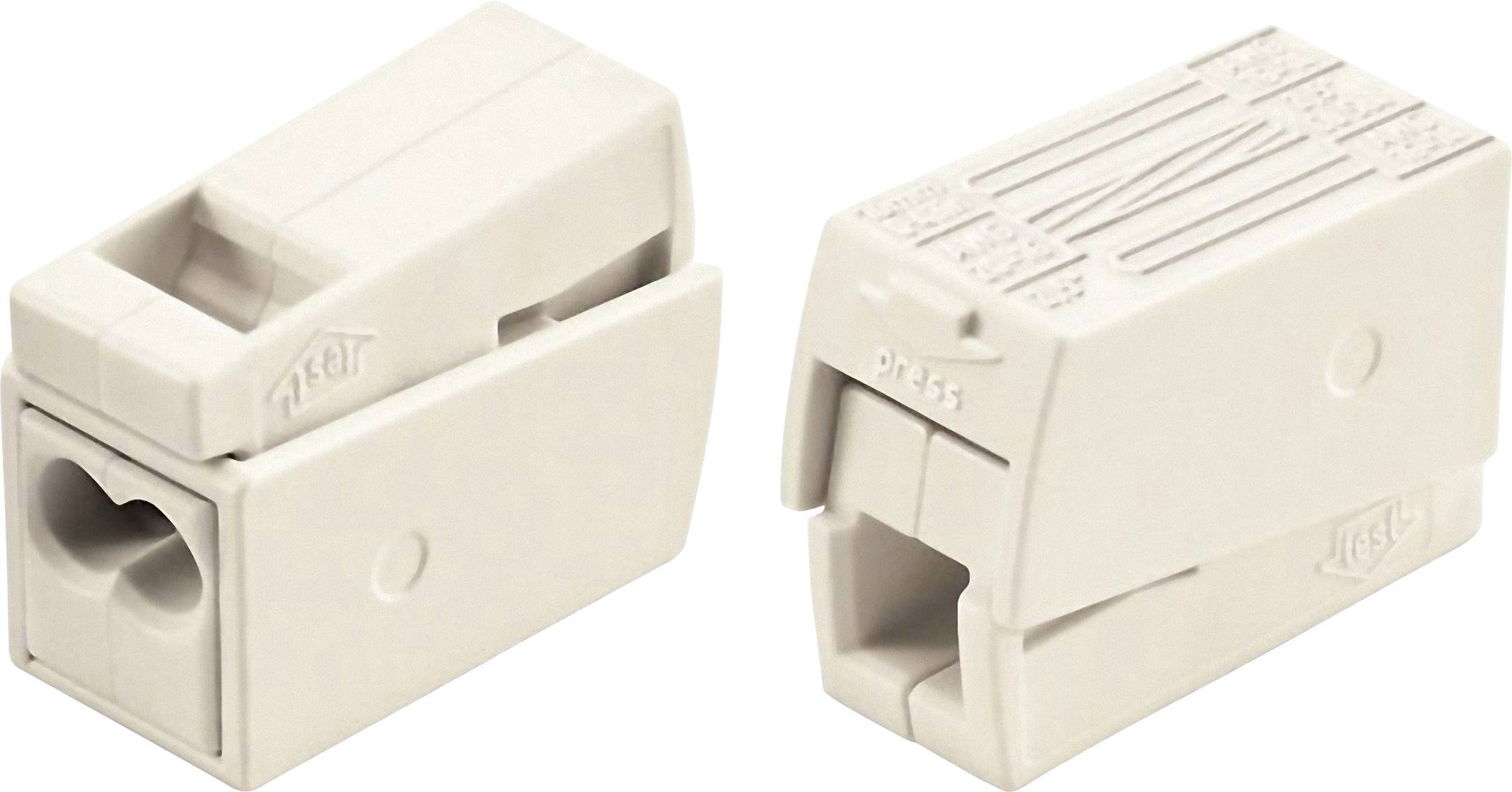 To kabelclips i hvid plast med rektangulær form, forsynet med stikpladser og tekst. Bruges til at forbinde kabler inden for elektriske installationer.