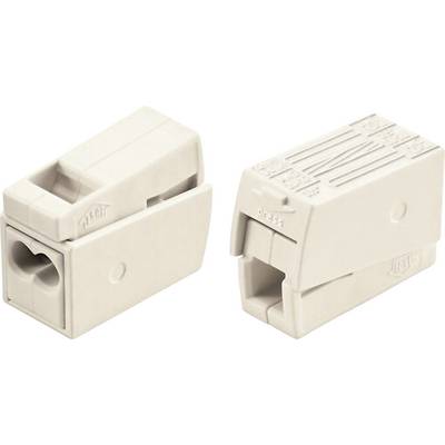 To kabelclips i hvid plast med rektangulær form, forsynet med stikpladser og tekst. Bruges til at forbinde kabler inden for elektriske installationer.