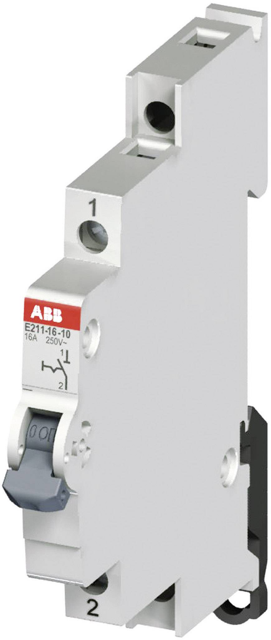 ABB sikringsautomat, model E211-16-10, 16A, 250V. Sølvfarvet, kompakt enhed med rødt og gråt mærkat.