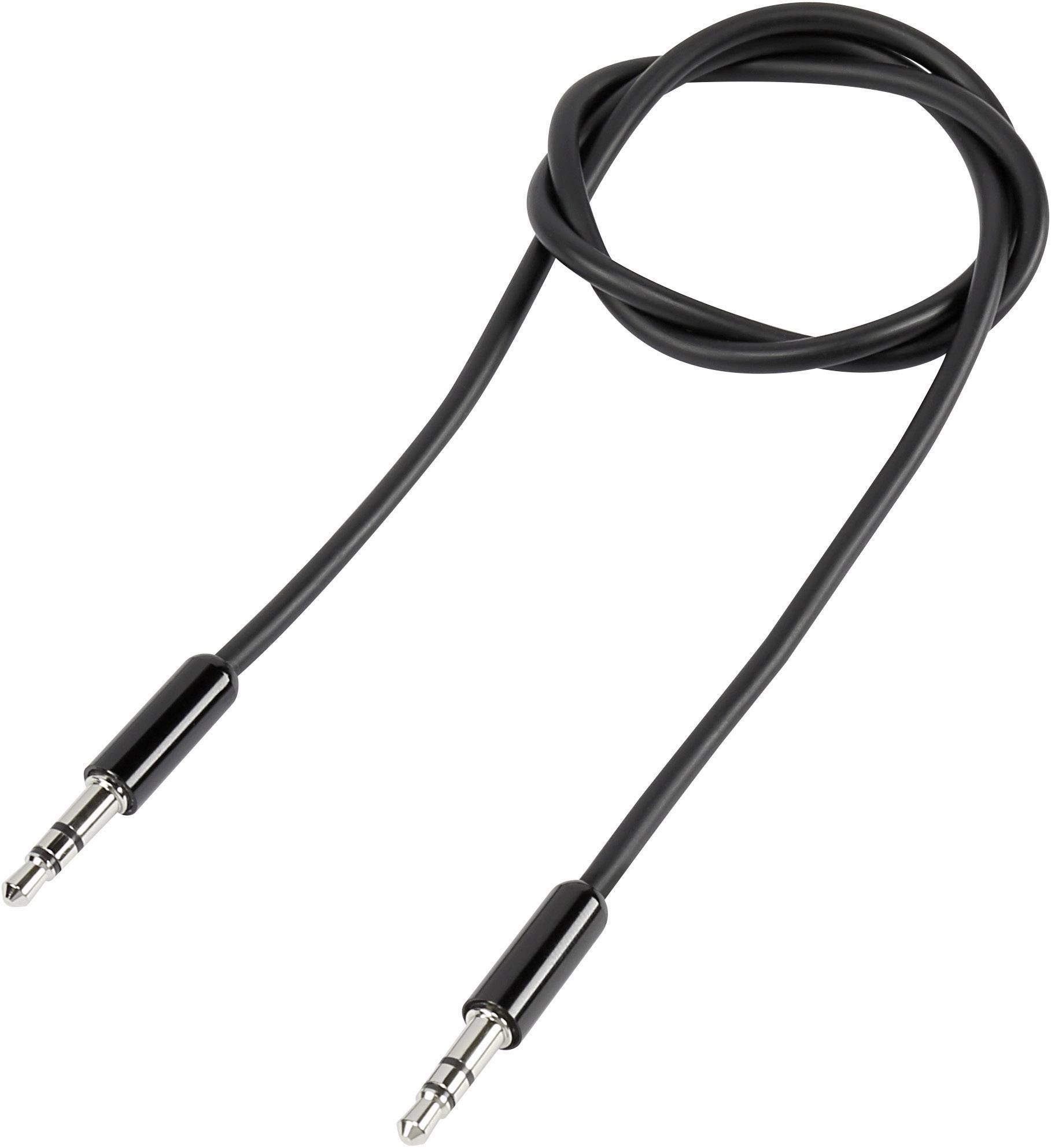 Et sort lydkabel med to 3,5 mm stik i enderne, på hvid baggrund.