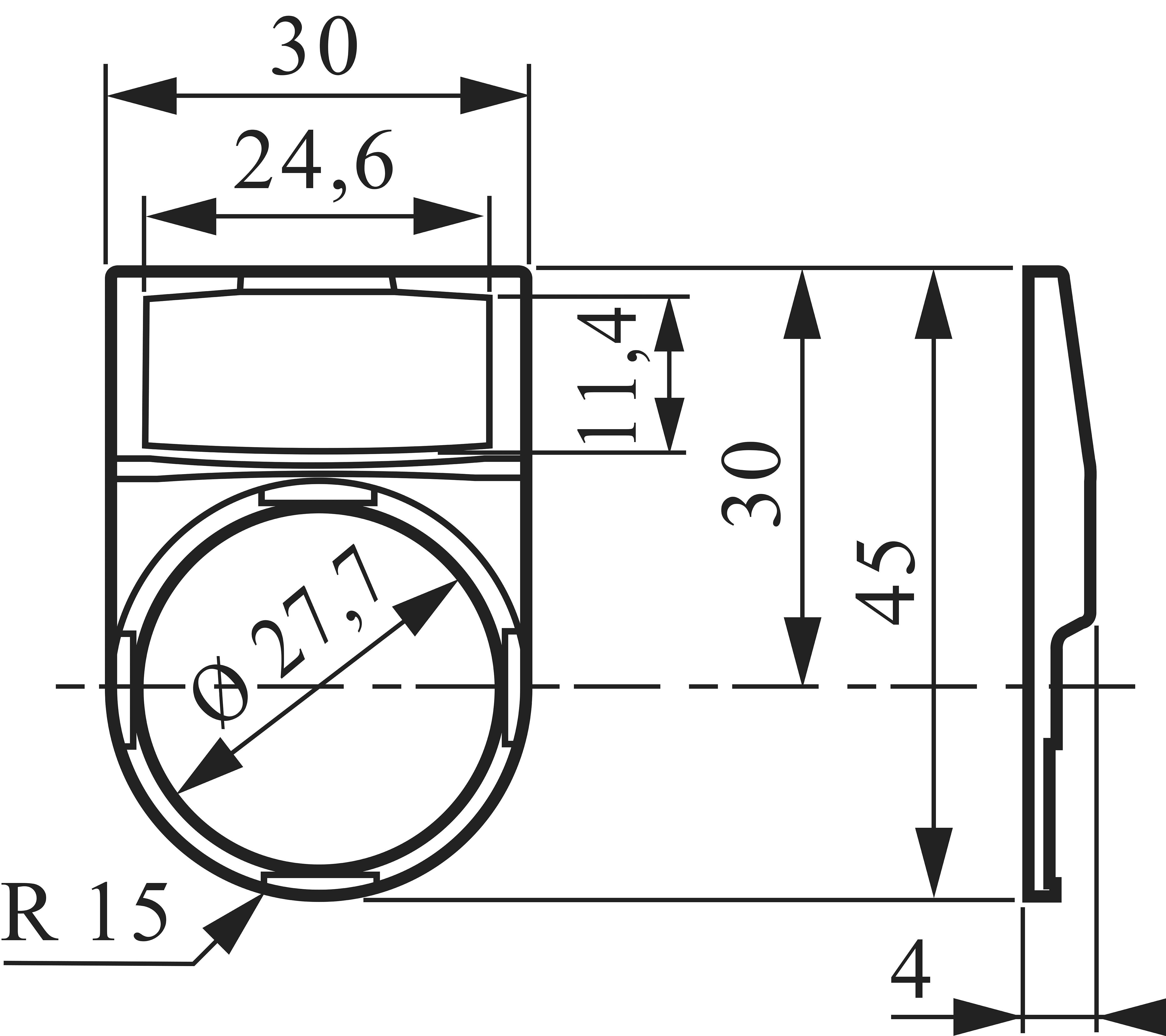 Teknisk tegning af en kontakt med front- og sidevisning; dimensioner og vinkler er angivet med pile og tal.