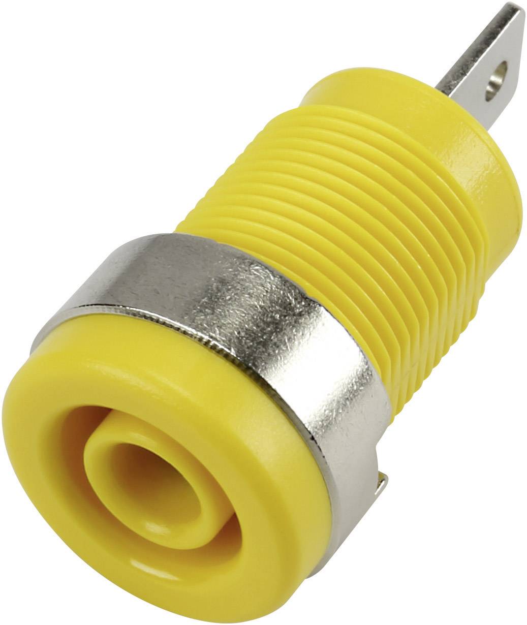 En gul bananstikforbindelse med en metalring, typisk anvendt i elektriske apparater til sikre forbindelser.