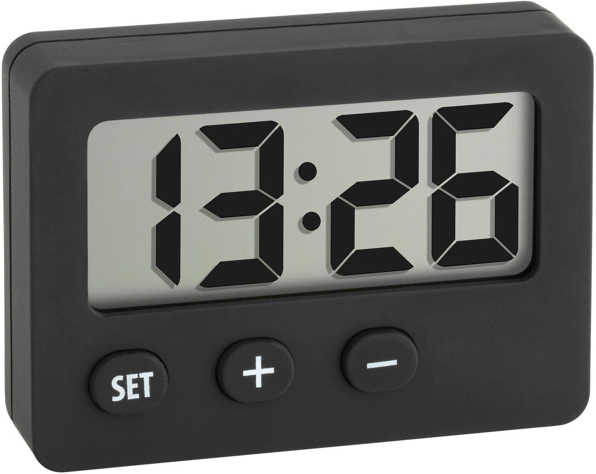 Digitalur med stort display viser tiden '13:26'. Nedenunder er der tre knapper: Indstil, Plus og Minus.