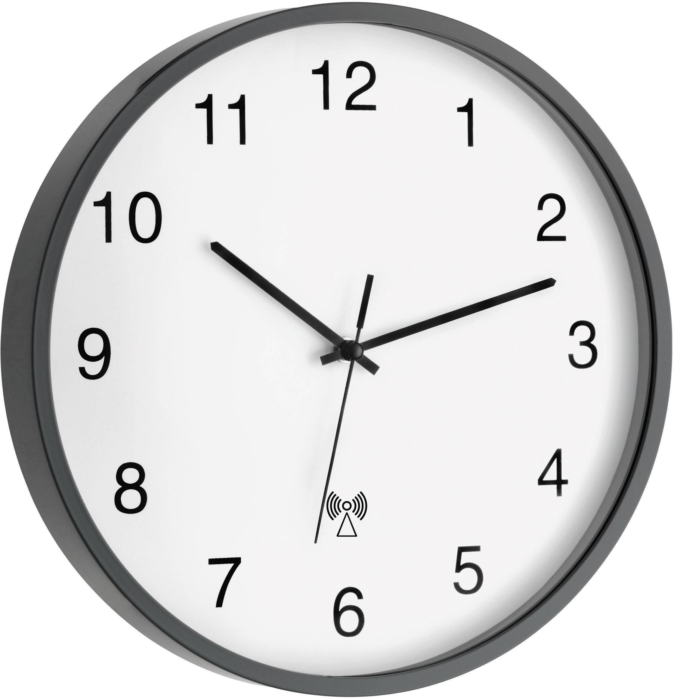Analog vægur med sort ramme og tal, viser klokken 10:08.