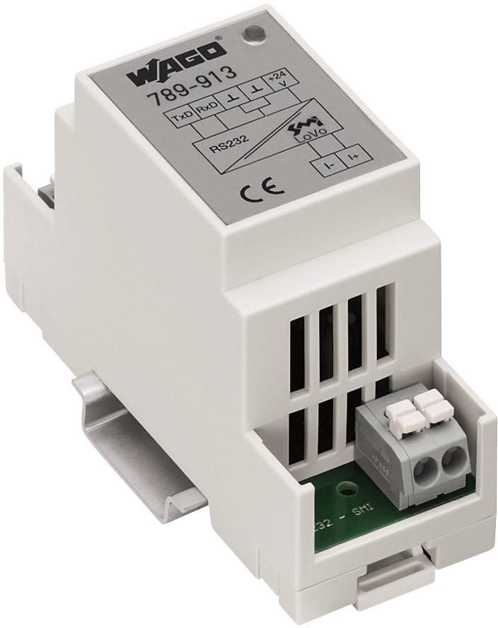Et elektronisk apparat med et gråt kabinet, mærkning på oversiden viser 'Wago 789-913'. Egnet til DIN-skinnemontage.