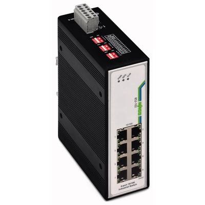 Industriel netværksswitch med seks Ethernet-porte og LED-indikatorer. Modelnummer og mærke er synlige på forsiden.