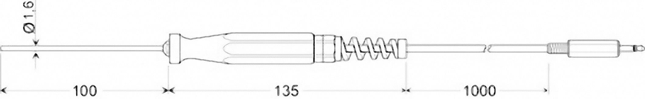 'Teknisk tegning af et værktøj med håndtag, fjeder og kabel. Længde: 135 mm, kabel: 1000 mm, diameter: 0,16 mm.'