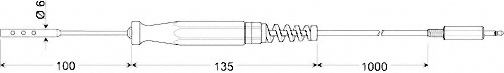 Teknisk tegning af en skruetrækker med spiralkabelstik. Mål: Greb 135 mm, spids 100 mm, samlet længde 1235 mm.