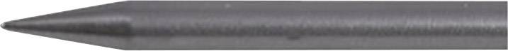Spids på et sølvfarvet, metallisk værktøj med konisk ende, muligvis en mejsel eller et drivværktøj.