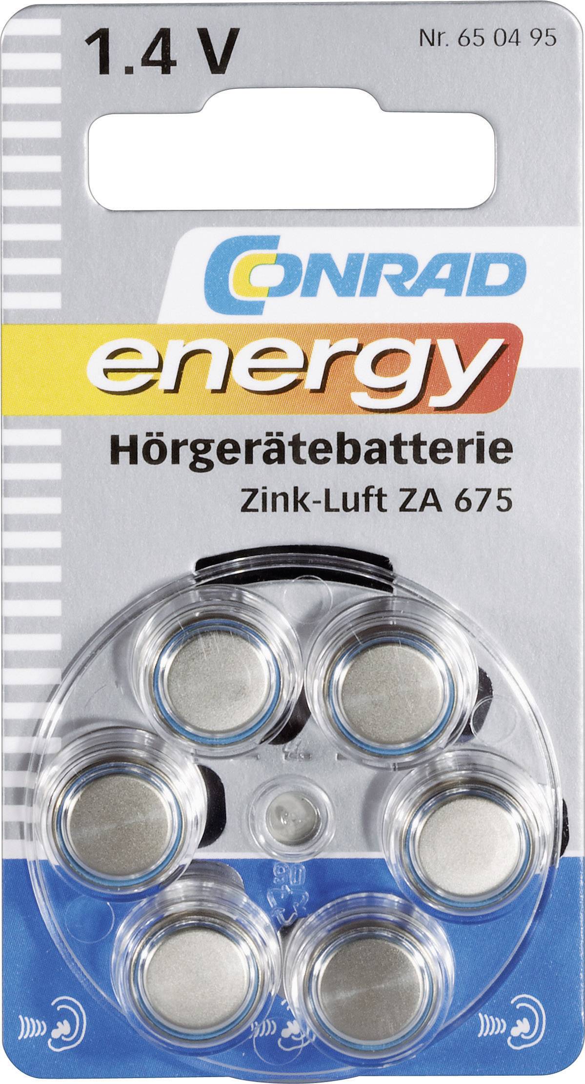 'Conrad energy' høreapparatbatteri, zink-luft ZA 675, 1,4 V, 6 batterier i rund emballage.