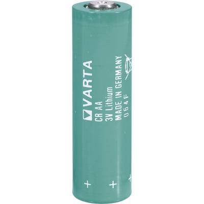 Grøn Lithium-batteri fra mærket Varta, type CR AA, med påskriften 'Made in Germany'.