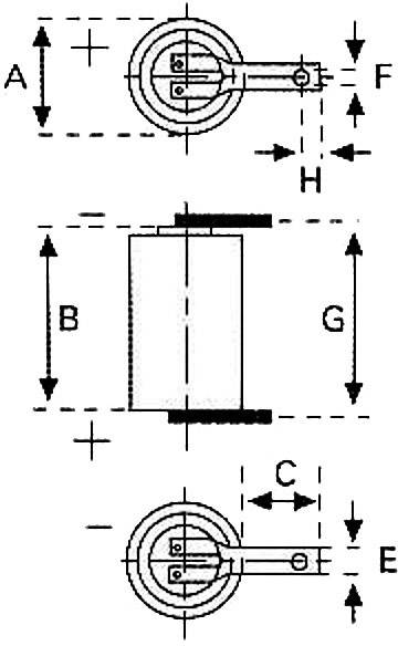 Teknisk tegning af et cylindrisk objekt med måleangivelser A, B, C, E, F, G, H, illustreret fra forskellige perspektiver.