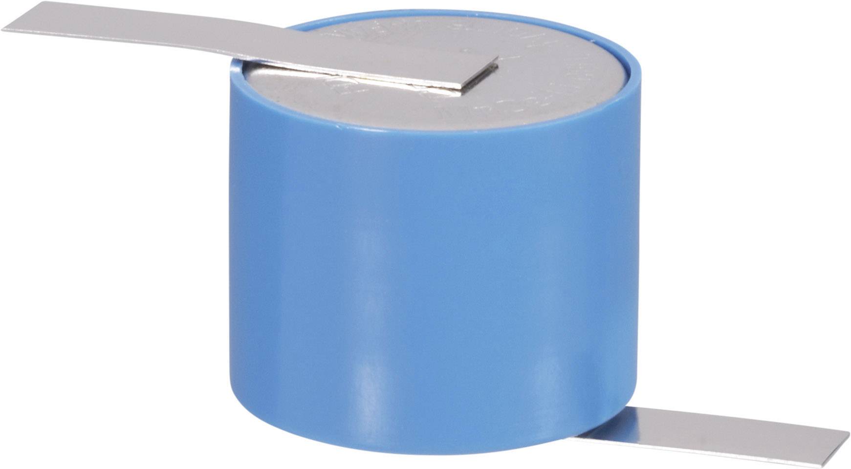 En blå cylinderformet kondensator med to metalforbindelser, en foroven og en forneden, på hvid baggrund.